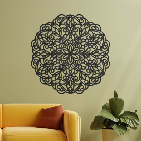 Luxuriöse Mandala-Dekorationen aus Holz verleihen dem Raum Ruhe und Eleganz.