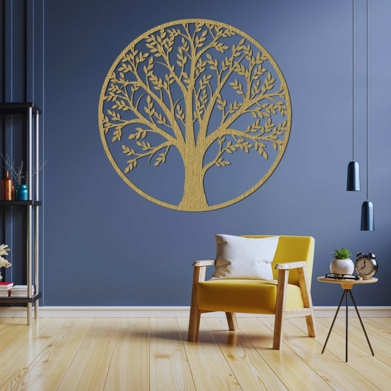 Eleganter Lebensbaum aus Holz in Kreisform für ein harmonisches, modernes Interieur