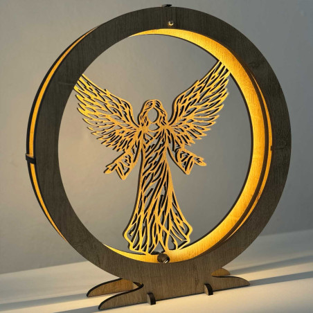 Elegante LED-Engelslampe aus Holz mit warmem Hintergrundlicht