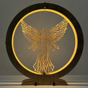 Elegante LED-Engelslampe aus Holz mit warmem Hintergrundlicht