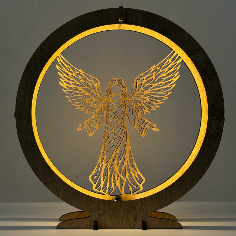 Elegante LED-Engelslampe aus Holz mit warmem Hintergrundlicht