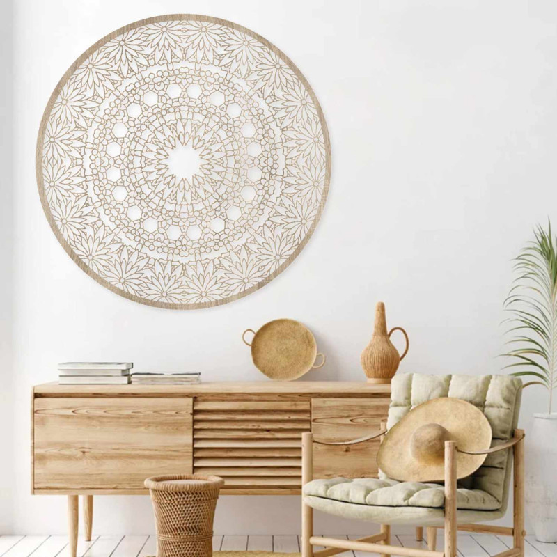 Modernes rundes Mandala-Gemälde aus Holz für das Wohnzimmer