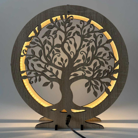 LED-Tischleuchte „Lebensbaum“ aus Holz mit warmem Hintergrundlicht