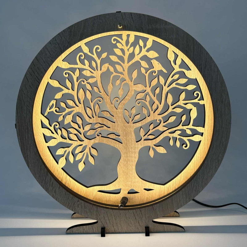 LED-Tischleuchte „Lebensbaum“ aus Holz mit warmem Hintergrundlicht