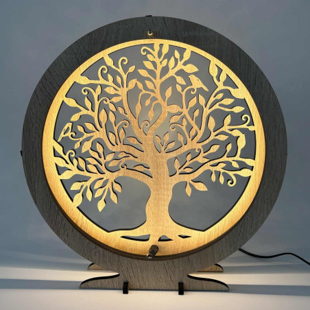 LED-Tischleuchte „Lebensbaum“ aus Holz mit warmem Hintergrundlicht