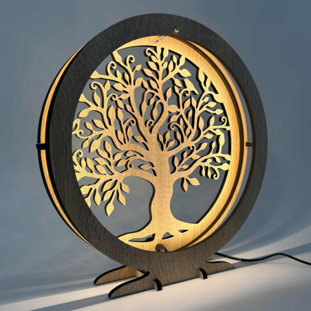 LED-Tischleuchte „Lebensbaum“ aus Holz mit warmem Hintergrundlicht