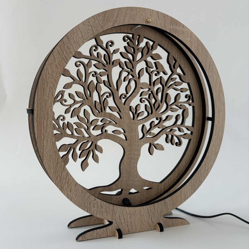 LED-Tischleuchte „Lebensbaum“ aus Holz mit warmem Hintergrundlicht
