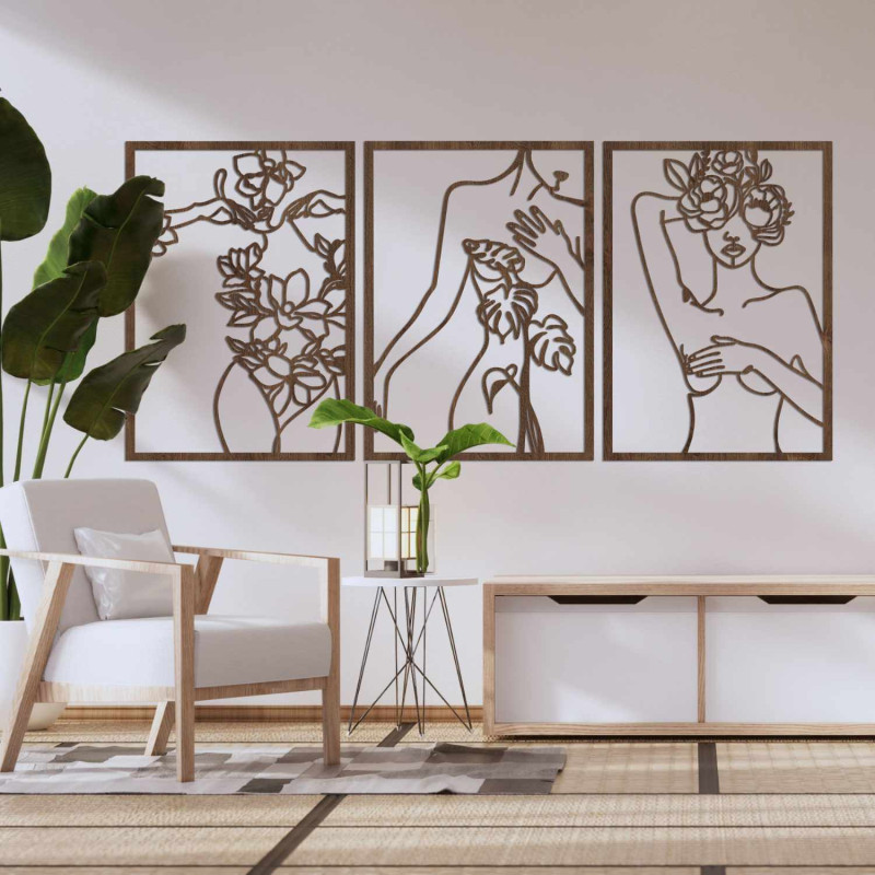 Modernes dreiteiliges Gemälde mit einem Frauenmotiv und floralen Elementen