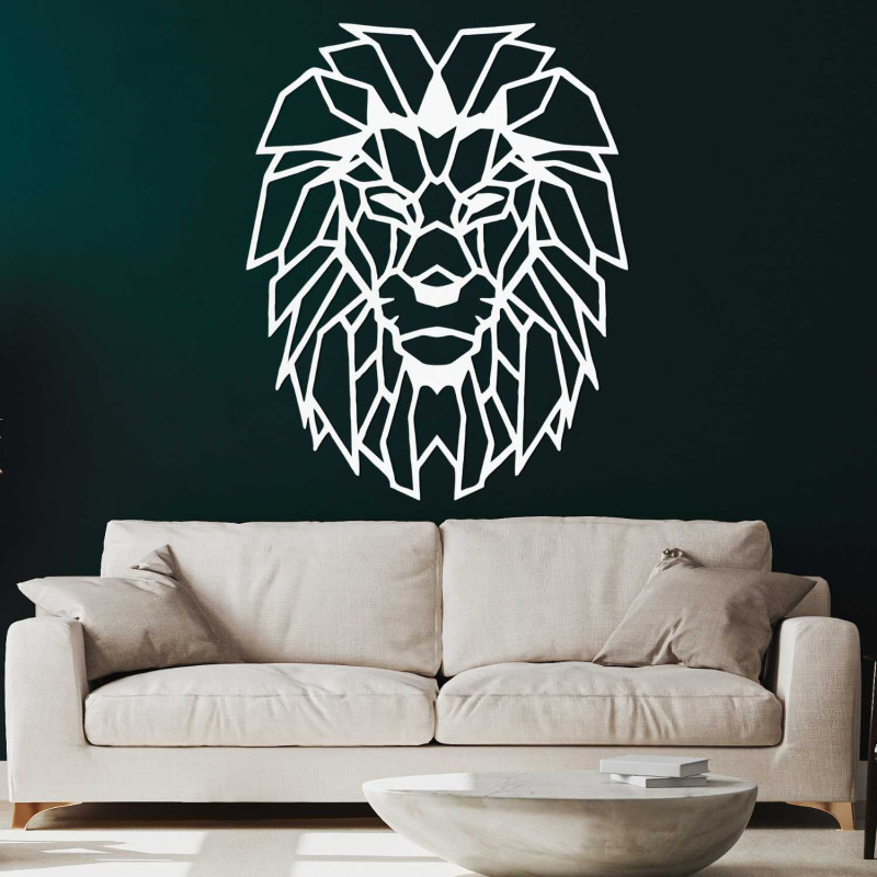Moderner hölzerner Löwe an der Wand mit geometrischem, künstlerischem Design