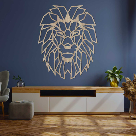 Moderner hölzerner Löwe an der Wand mit geometrischem, künstlerischem Design