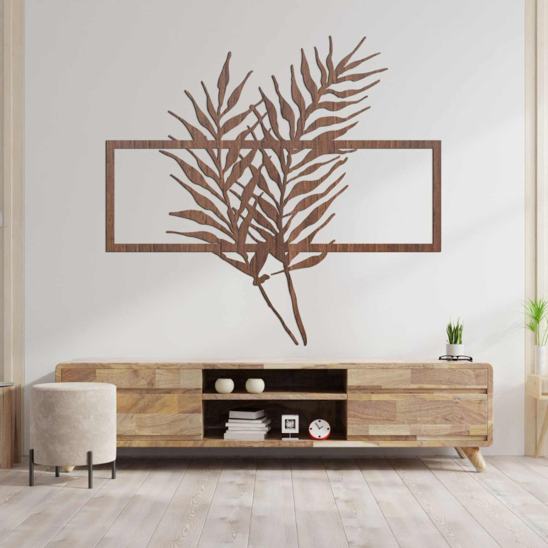 Holzbild mit minimalistischem Blättermotiv im...