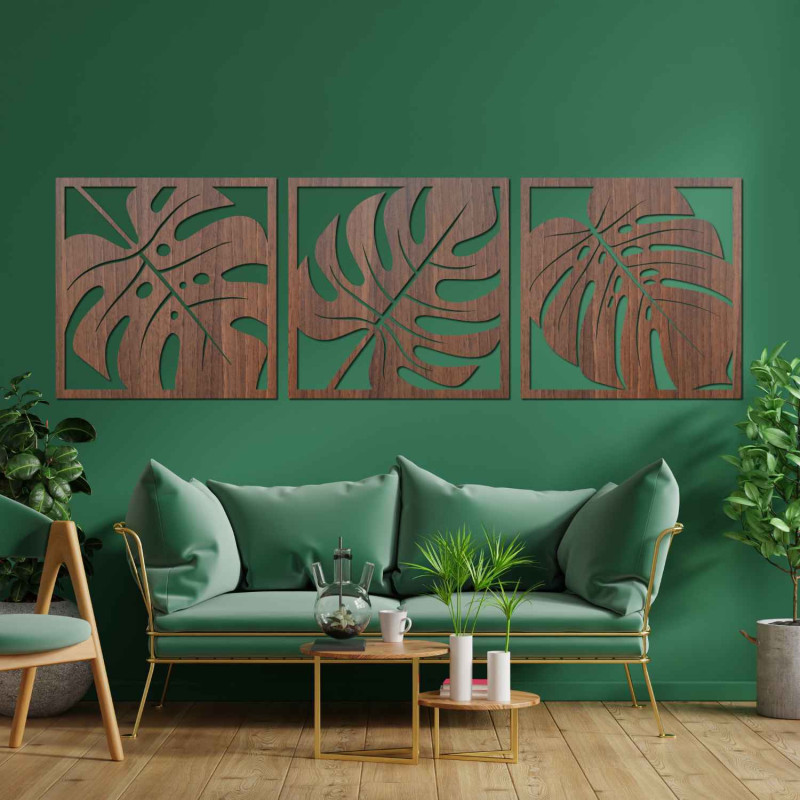 Modernes Set aus drei Gemälden mit exotischen Blättern für ein stilvolles Interieur