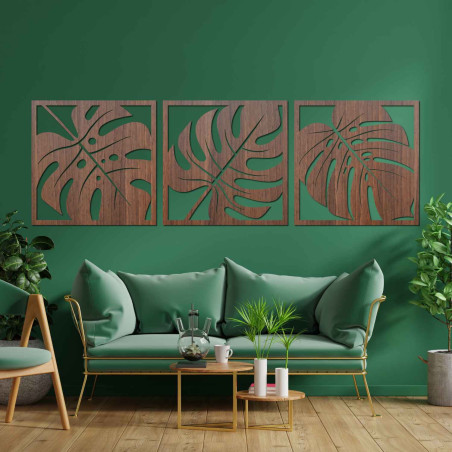 Modernes Set aus drei Gemälden mit exotischen Blättern für ein stilvolles Interieur