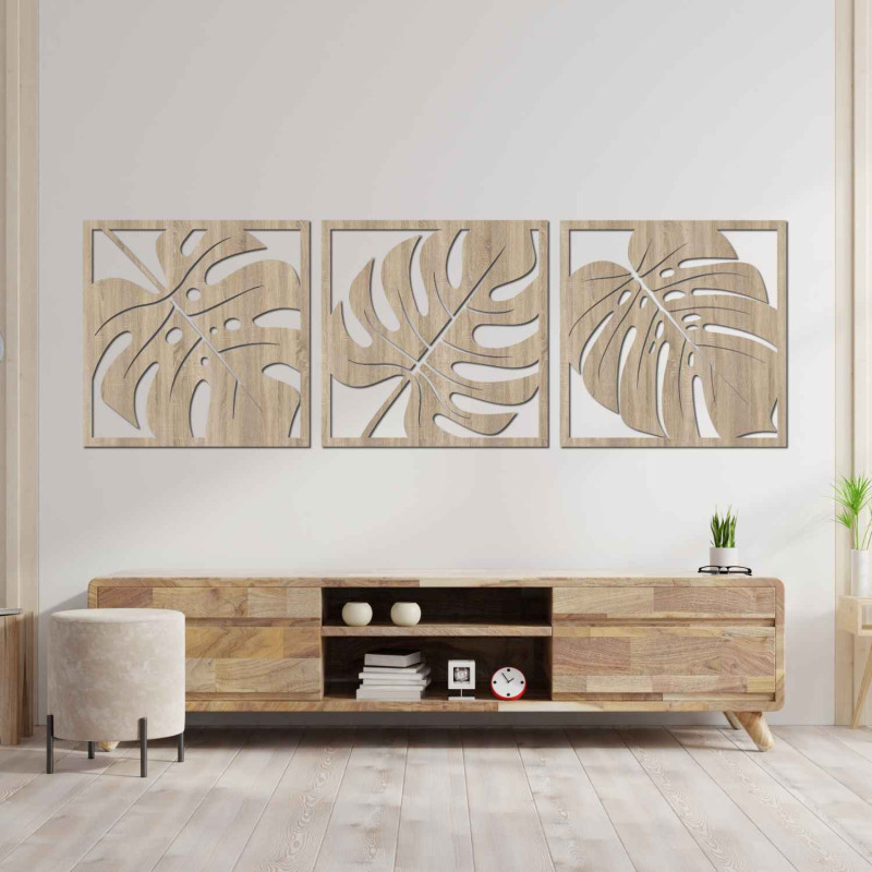 Modernes Set aus drei Gemälden mit exotischen Blättern für ein stilvolles Interieur