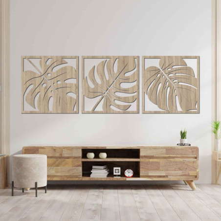 Modernes Set aus drei Gemälden mit exotischen Blättern für ein stilvolles Interieur