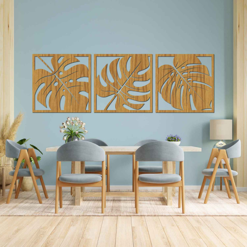 Wanddekoration aus Holz mit tropischem Blattmotiv in Schwarz