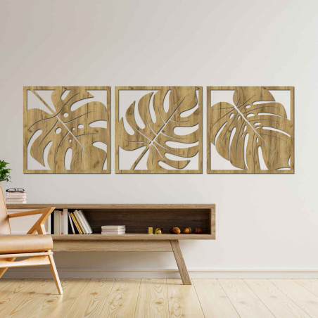 Wanddekoration aus Holz mit tropischem Blattmotiv in Schwarz