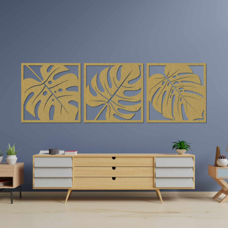 Elegantes, dreiteiliges Monstera-Gemälde aus Holz für ein modernes Interieur