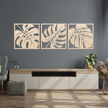 Minimalistische Holzdekoration mit botanischem Motiv tropischer Pflanzen