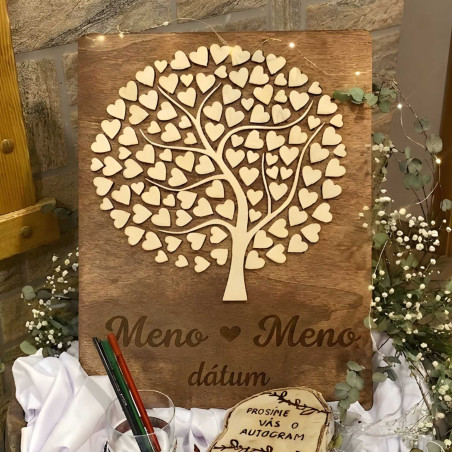 Gästebuch aus Holz für Hochzeiten mit Baum und Herzen für Unterschriften