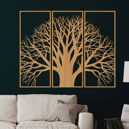 Dreiteilige Wanddekoration aus Holz mit einem Lebensbaum im modernen Stil
