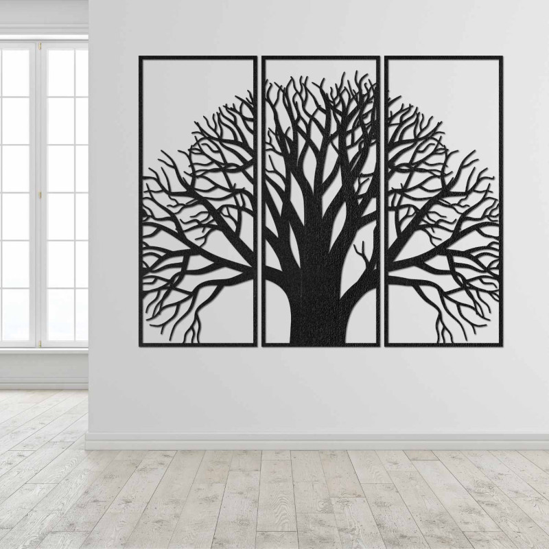 Dreiteilige Wanddekoration aus Holz mit einem Lebensbaum im modernen Stil