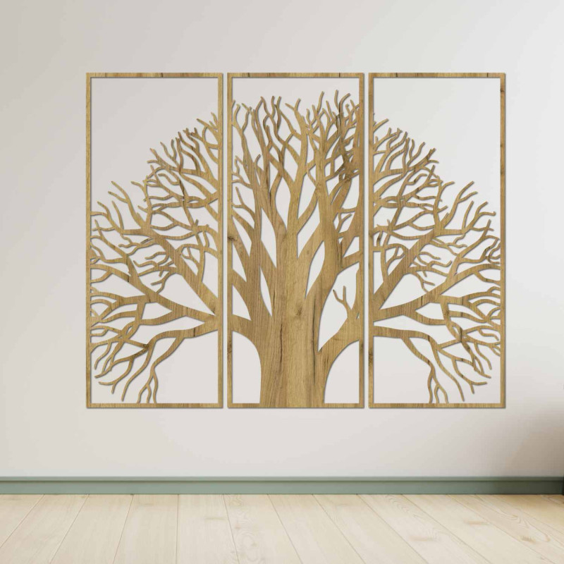 Elegantes dreiteiliges Bild eines Baumes mit verzweigter Krone an der Wand