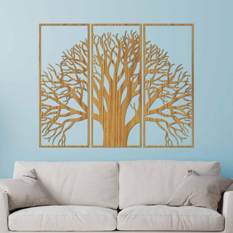 Elegantes dreiteiliges Bild eines Baumes mit verzweigter Krone an der Wand