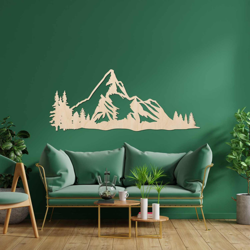 Minimalistische Holzdekoration mit Berg- und Waldmotiven für das Wohnzimmer oder Büro