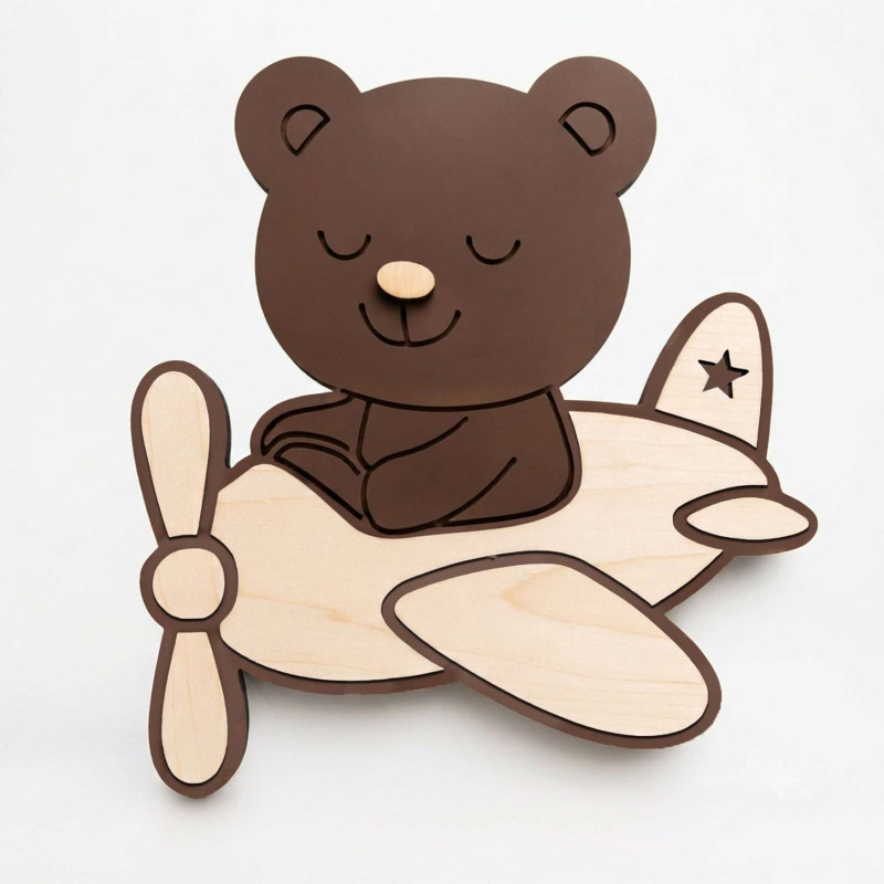Originelle LED-Holzlampe mit Flugzeug- und Teddybärmotiv für ein modernes Kinderzimmer