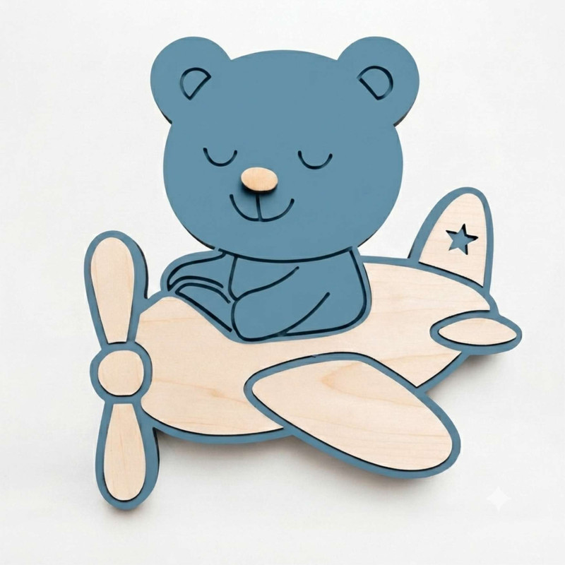 Originelle LED-Holzlampe mit Flugzeug- und Teddybärmotiv für ein modernes Kinderzimmer