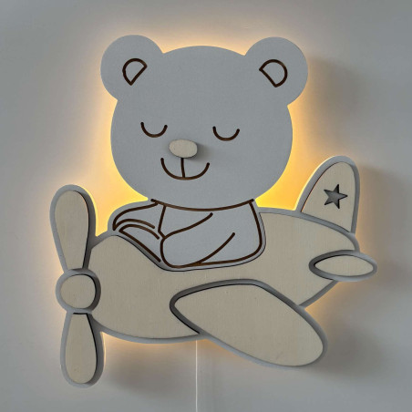 Originelle LED-Holzlampe mit Flugzeug- und Teddybärmotiv für ein modernes Kinderzimmer