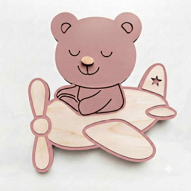 Originelle LED-Holzlampe mit Flugzeug- und Teddybärmotiv für ein modernes Kinderzimmer