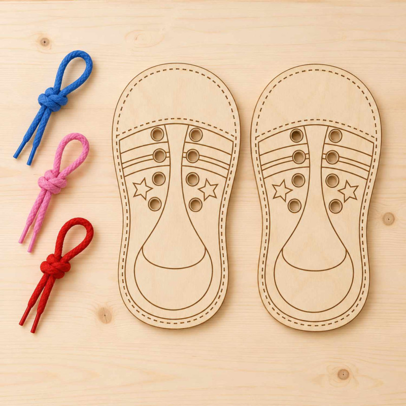 Montessori-Holzschuh mit Schnürsenkellöchern zum Üben des Schuhebindens und zur Entwicklung der Fähigkeiten von Kindern.
