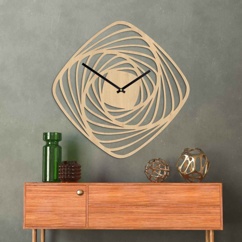 Designer-Wanduhr aus Holz mit abstraktem Spiralmotiv und geräuschlosem Uhrwerk