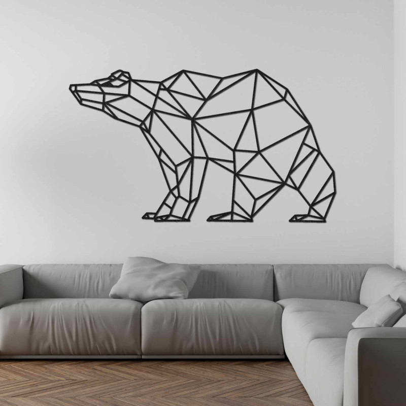Lasergeschnitztes Holzbild eines Bären im modernen geometrischen Stil.