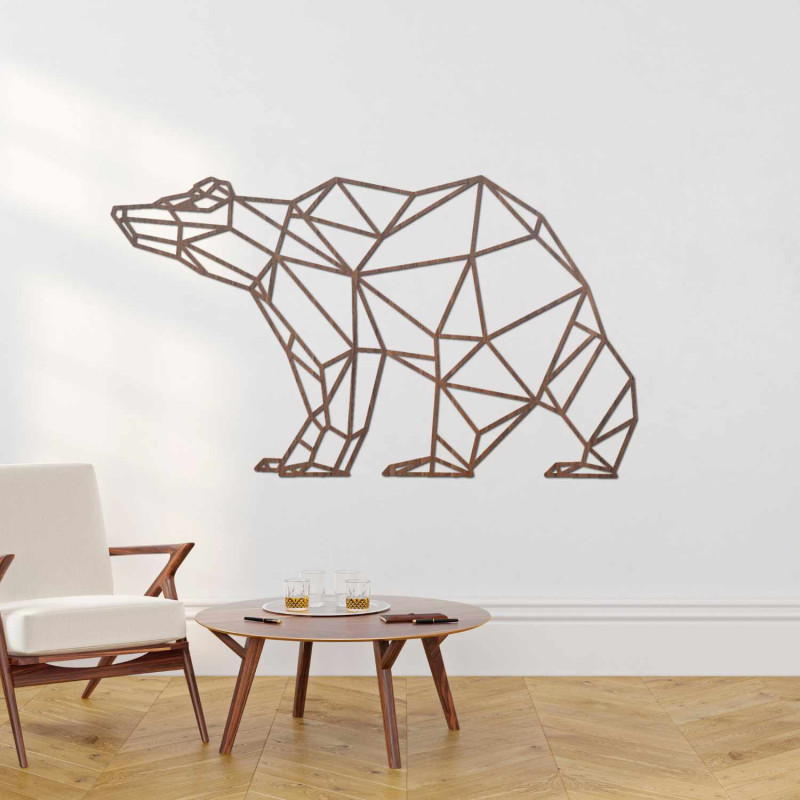 Lasergeschnitztes Holzbild eines Bären im modernen geometrischen Stil.
