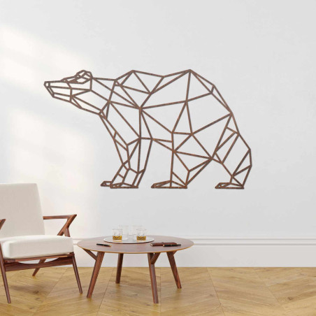 Lasergeschnitztes Holzbild eines Bären im modernen geometrischen Stil.