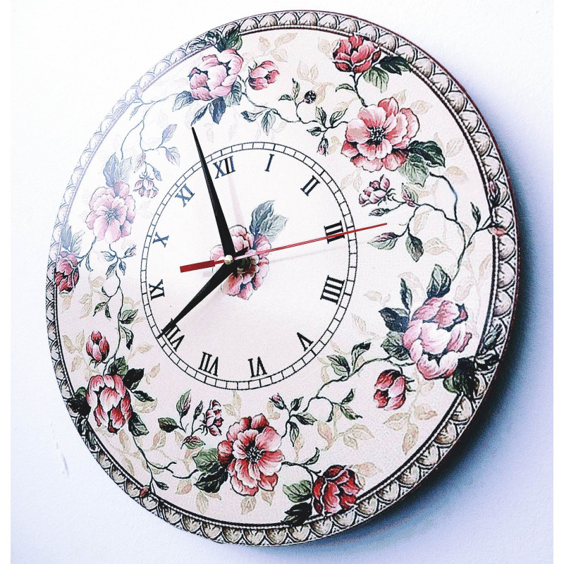 Moderne Wanduhr, Holzwanduhr, Sperrholz, römische Wanduhr mit Blume