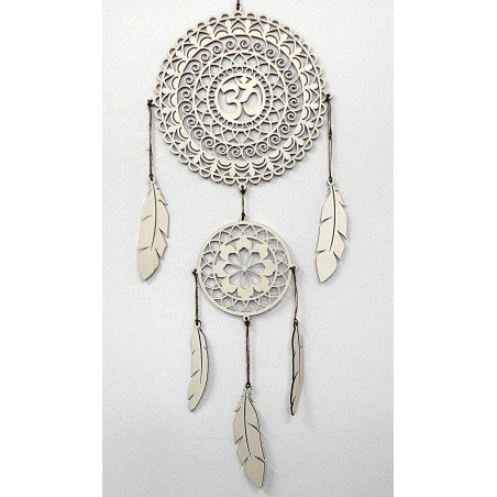 Spiritueller Traumfänger OM, Wanddekoration aus Holz, Federn aus Pappelsperrholz, Boho-Stil.